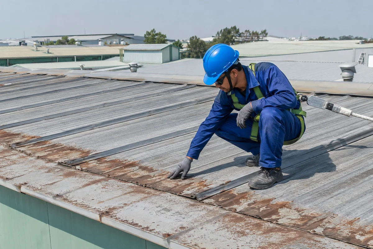Kỹ thuật viên khảo sát hiện trạng mái tôn trước khi thi công sơn chống nóng