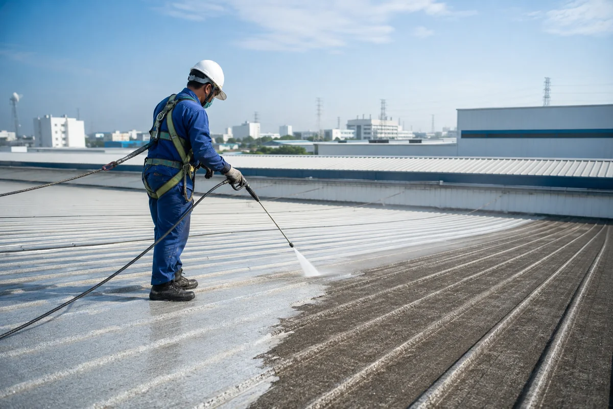 Kỹ thuật viên vệ sinh bề mặt mái tôn bằng máy phun áp lực