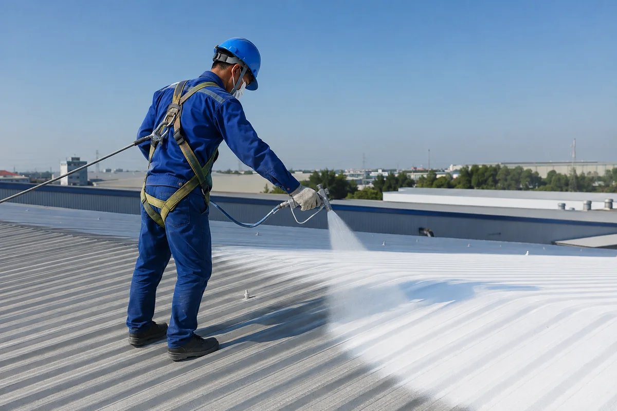 Kỹ thuật viên phun sơn chống nóng màu trắng trên mái tôn nhà xưởng