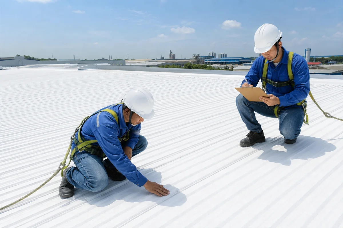 Kỹ thuật viên kiểm tra nghiệm thu lớp sơn chống nóng mái tôn sau thi công