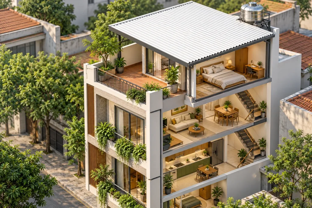 Phối cảnh mái phản xạ và không gian sử dụng bên dưới — phòng tầng trên và mái sân thượng