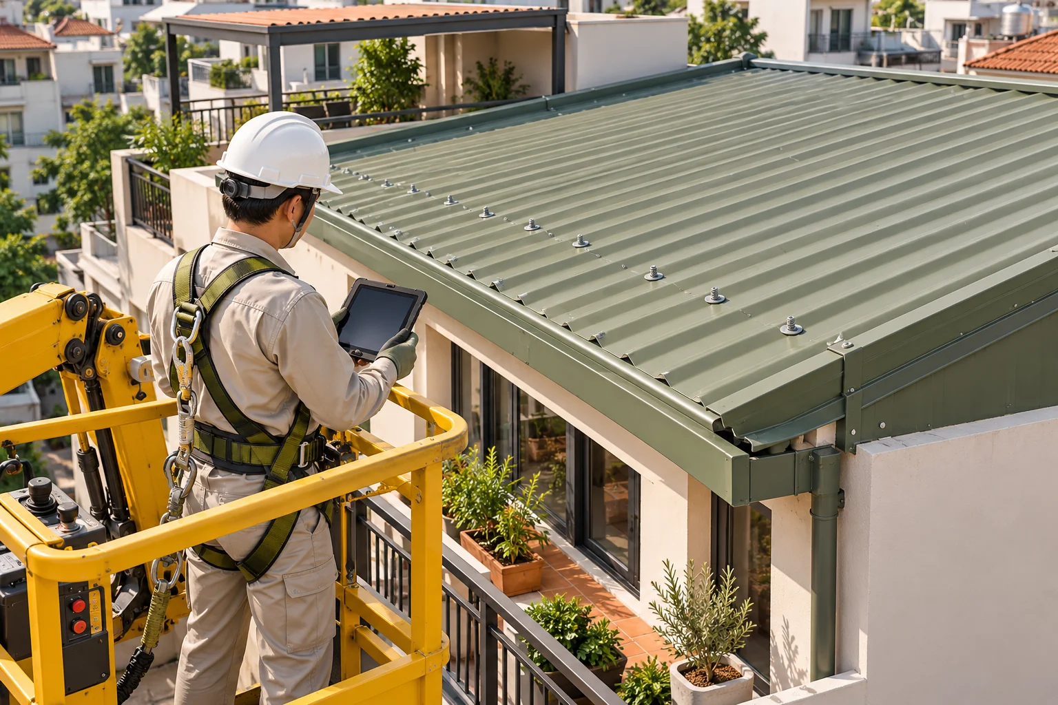 Kiểm tra mái từ sàn nâng có lan can bảo vệ — phòng tầng trên và mái sân thượng