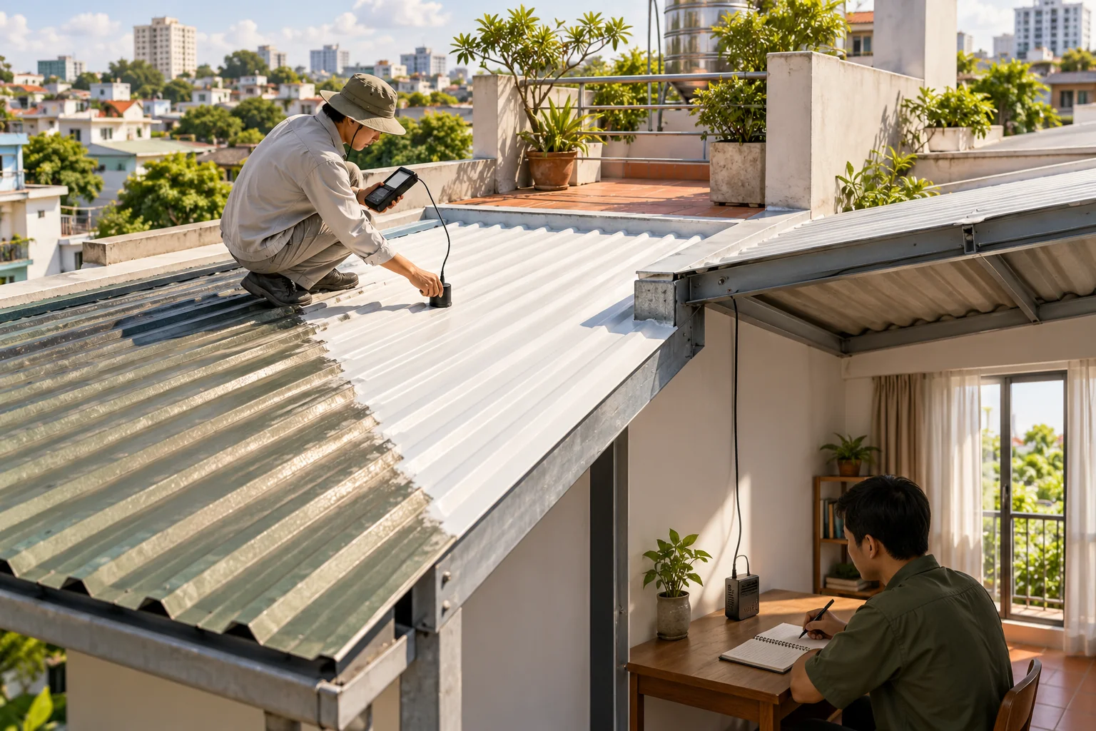 Thiết bị theo dõi bề mặt và không gian bên trong để đối chiếu — phòng tầng trên và mái sân thượng