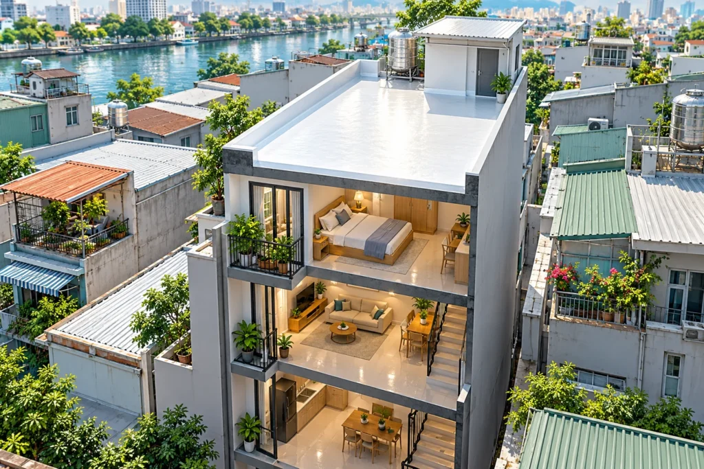 Phối cảnh mái phản xạ và không gian sử dụng bên dưới — mái hẹp và nhà liền kề