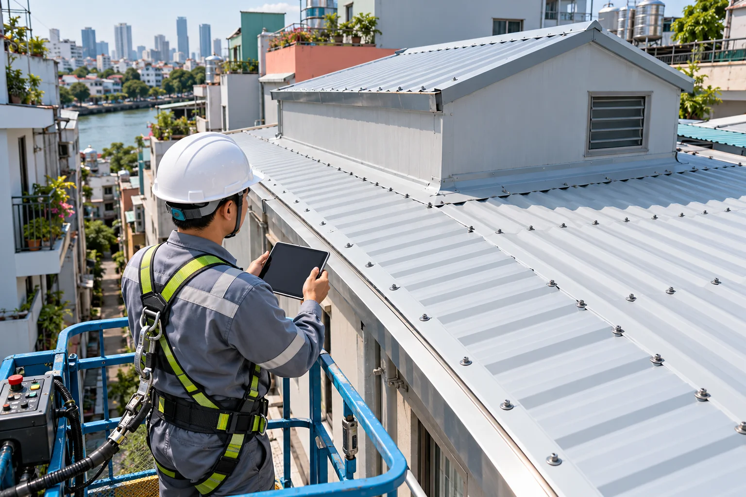 Kiểm tra mái từ sàn nâng có lan can bảo vệ — mái hẹp và nhà liền kề