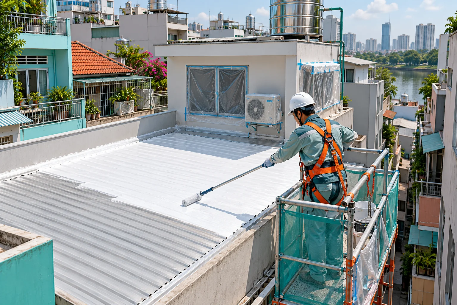 Lăn lớp phủ từ vị trí thao tác có bảo vệ, che chắn xung quanh — mái hẹp và nhà liền kề