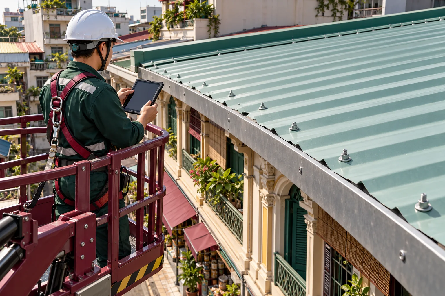 Kiểm tra mái từ sàn nâng có lan can bảo vệ — nhà ở trên cửa hàng và mái nhiều lớp